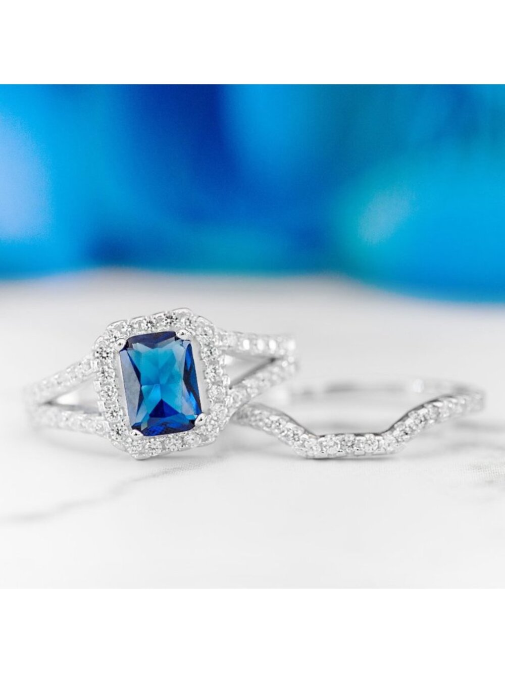Blue Sapphire Radiant Gemstone ring set, 925 Sterling Silver, Charmed Aroma